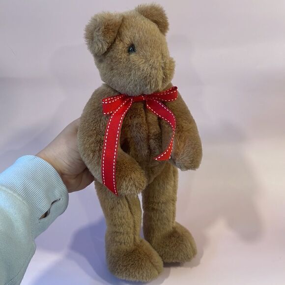 Classic Vintage Weighted Light Brown Teddy Bear Jointed Legs & Arms Red Ribbon - Picture 6 of 11